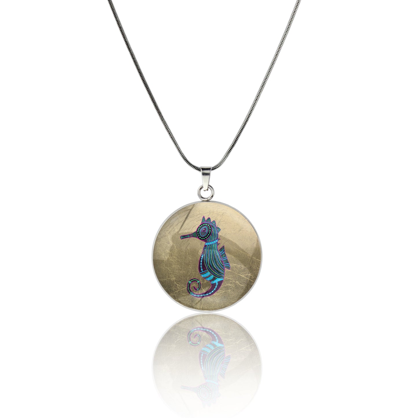 BRONWEN SEAHORSE CIRCLE PENDANT ON A CHAIN NECKLACE - M145S - on Satchel