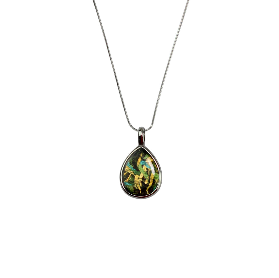 EUCALYPTUS IN SPRING GREEN DROP PENDANT ON A CHAIN NECKLACE - M025 - in Circle Box