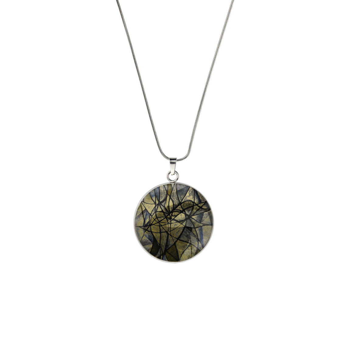 KALEIDOSCOPE GOLD AND BLACK CIRCLE PENDANT ON A CHAIN NECKLACE - M046 - in Circle Box