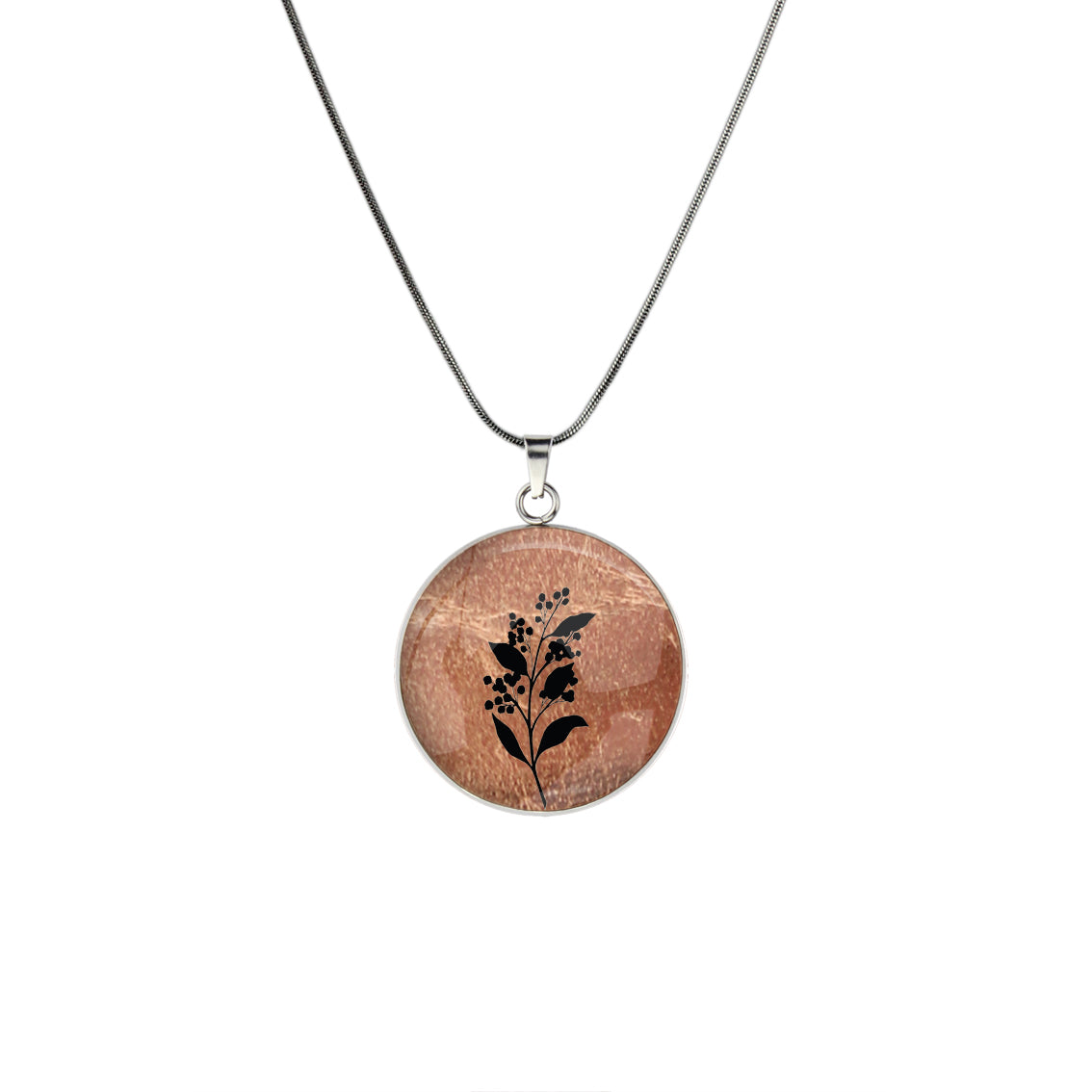 AUSTRALIAN NATIVE FLORA - ACACIA WATTLE CIRCLE PENDANT ON A CHAIN NECKLACE - D827S - on Satchel