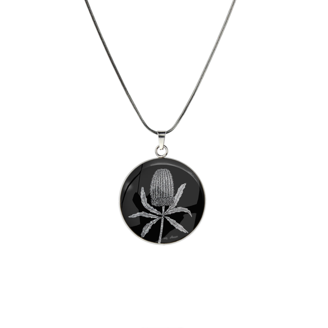 AUSTRALIAN NATIVE FLORA - BANKSIA CIRCLE PENDANT ON A CHAIN NECKLACE - D839S - on Satchel