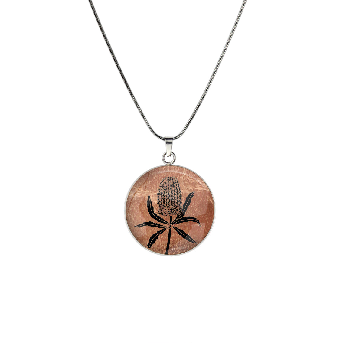 AUSTRALIAN NATIVE FLORA - BANKSIA CIRCLE PENDANT ON A CHAIN NECKLACE - D839S - on Satchel