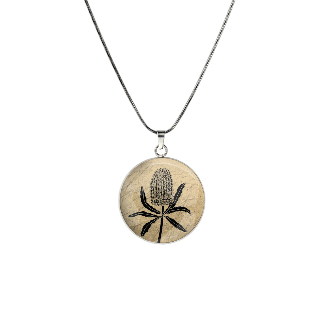 AUSTRALIAN NATIVE FLORA - BANKSIA CIRCLE PENDANT ON A CHAIN NECKLACE - D839S - on Satchel