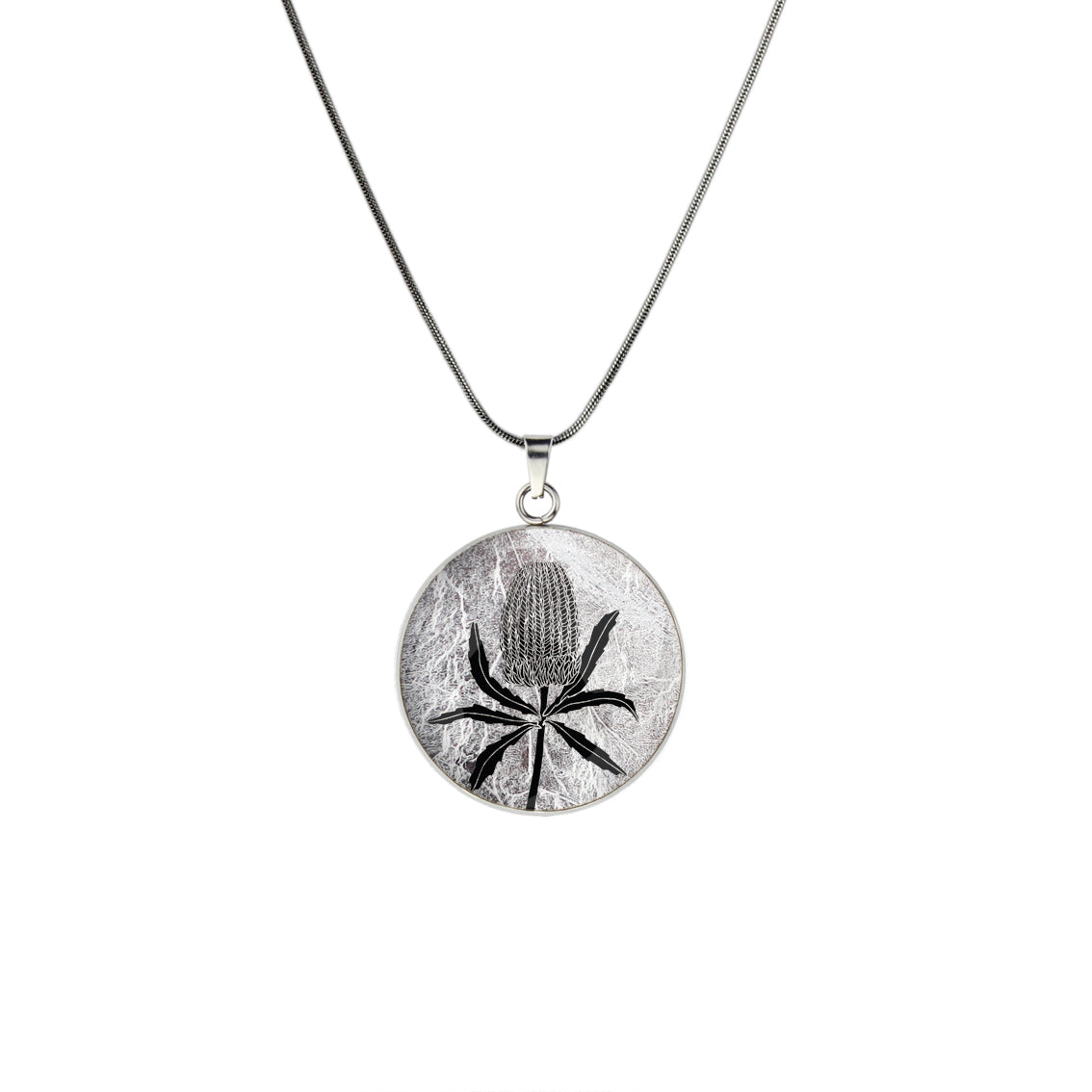 AUSTRALIAN NATIVE FLORA - BANKSIA CIRCLE PENDANT ON A CHAIN NECKLACE - D839S - on Satchel
