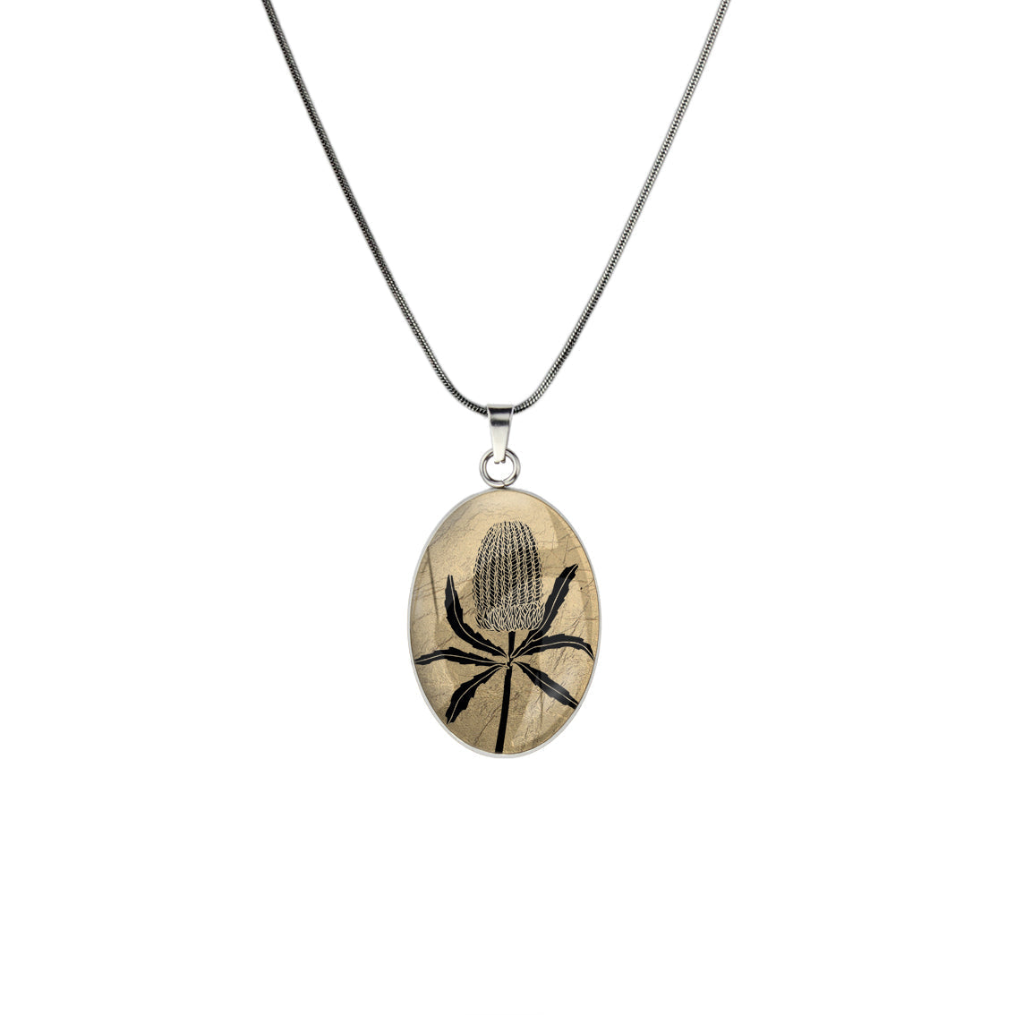 AUSTRALIAN NATIVE FLORA - BANKSIA OVAL CIRCLE PENDANT ON A CHAIN NECKLACE - D838 - in Circle Box