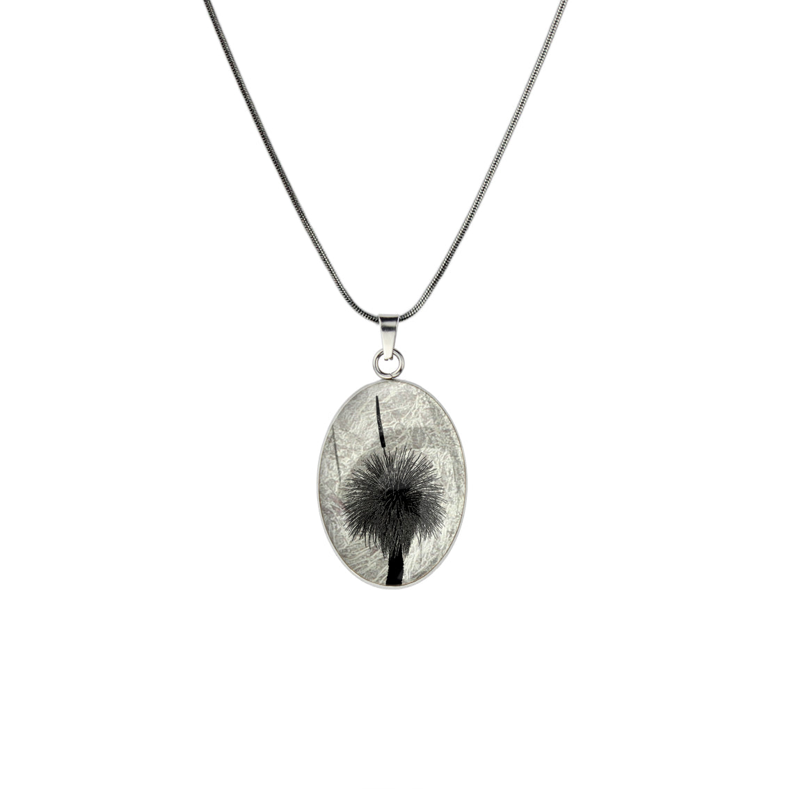 AUSTRALIAN NATIVE FLORA - GRASS TREE OVAL CIRCLE PENDANT ON A CHAIN NECKLACE - D854S - on Satchel