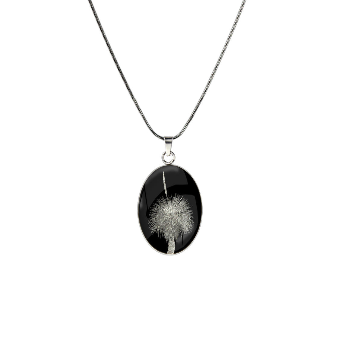 AUSTRALIAN NATIVE FLORA - GRASS TREE OVAL CIRCLE PENDANT ON A CHAIN NECKLACE - D854S - on Satchel