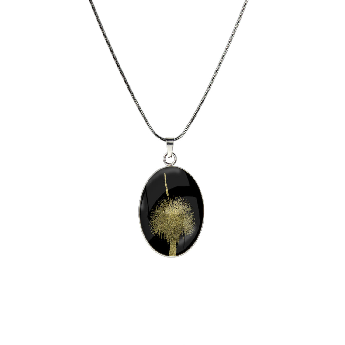AUSTRALIAN NATIVE FLORA - GRASS TREE OVAL CIRCLE PENDANT ON A CHAIN NECKLACE - D854S - on Satchel