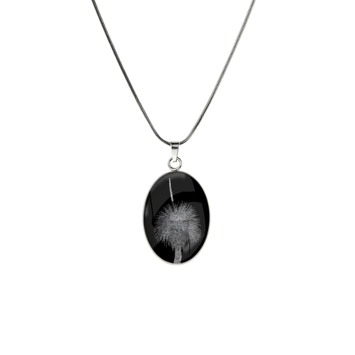 AUSTRALIAN NATIVE FLORA - GRASS TREE OVAL CIRCLE PENDANT ON A CHAIN NECKLACE - D854S - on Satchel