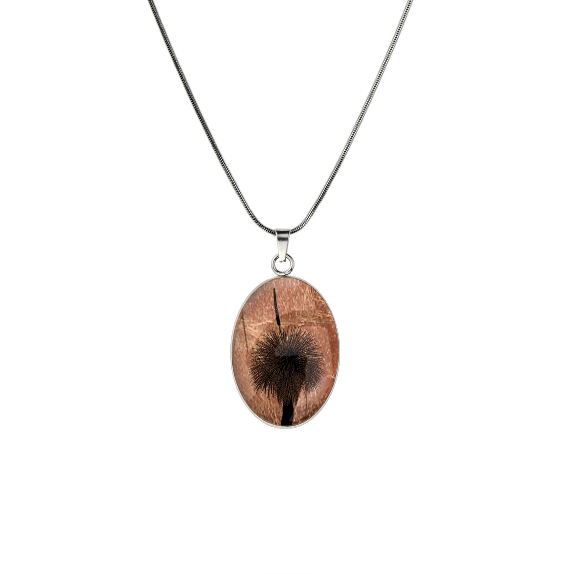 AUSTRALIAN NATIVE FLORA - GRASS TREE OVAL CIRCLE PENDANT ON A CHAIN NECKLACE - D854S - on Satchel