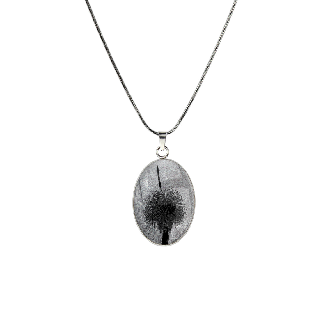AUSTRALIAN NATIVE FLORA - GRASS TREE OVAL CIRCLE PENDANT ON A CHAIN NECKLACE - D854S - on Satchel