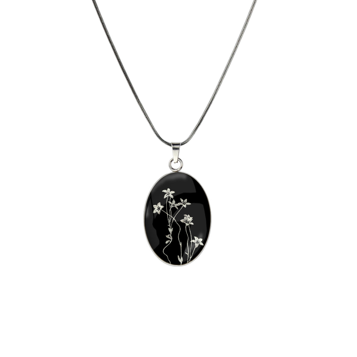 AUSTRALIAN NATIVE FLORA - NATIVE BLUEBELL OVAL CIRCLE PENDANT ON A CHAIN NECKLACE - D894S - on Satchel