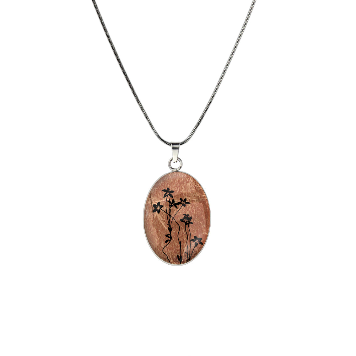 AUSTRALIAN NATIVE FLORA - NATIVE BLUEBELL OVAL CIRCLE PENDANT ON A CHAIN NECKLACE - D894S - on Satchel