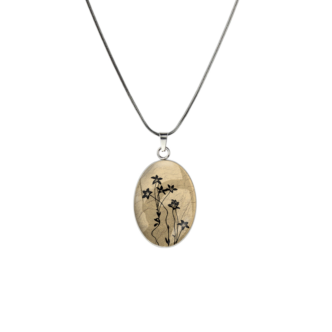 AUSTRALIAN NATIVE FLORA - NATIVE BLUEBELL OVAL CIRCLE PENDANT ON A CHAIN NECKLACE - D894S - on Satchel