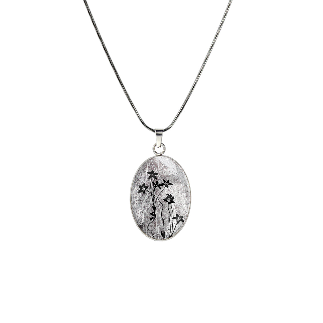 AUSTRALIAN NATIVE FLORA - NATIVE BLUEBELL OVAL CIRCLE PENDANT ON A CHAIN NECKLACE - D894S - on Satchel
