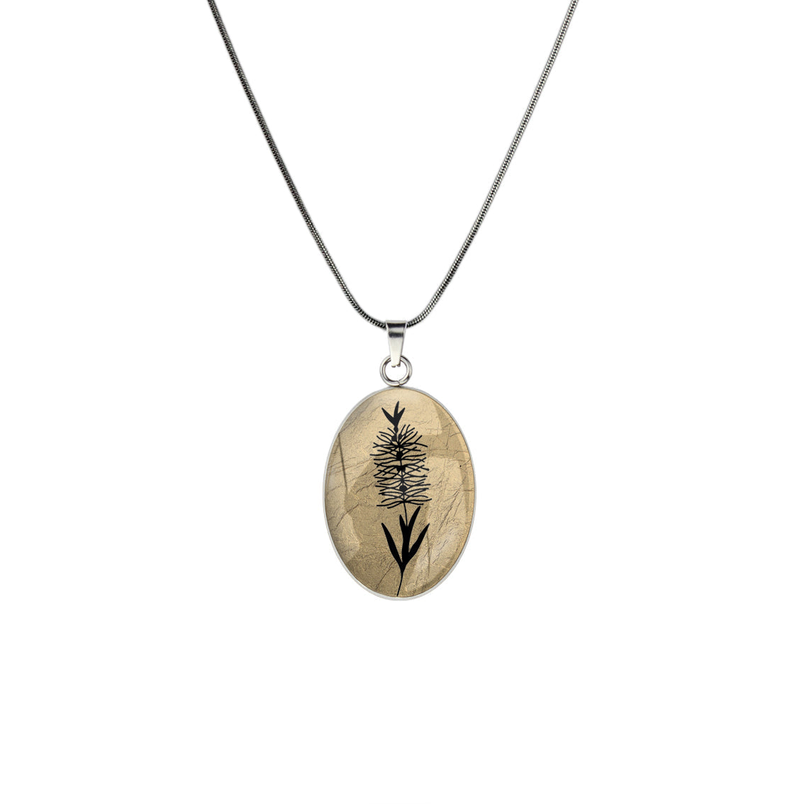 AUSTRALIAN NATIVE FLORA - BOTTLEBRUSH OVAL CIRCLE PENDANT ON A CHAIN NECKLACE - D858S - on Satchel