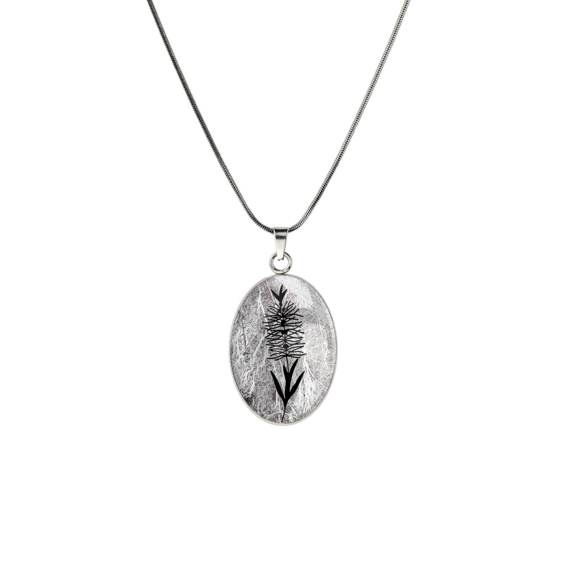 AUSTRALIAN NATIVE FLORA - BOTTLEBRUSH OVAL CIRCLE PENDANT ON A CHAIN NECKLACE - D858S - on Satchel