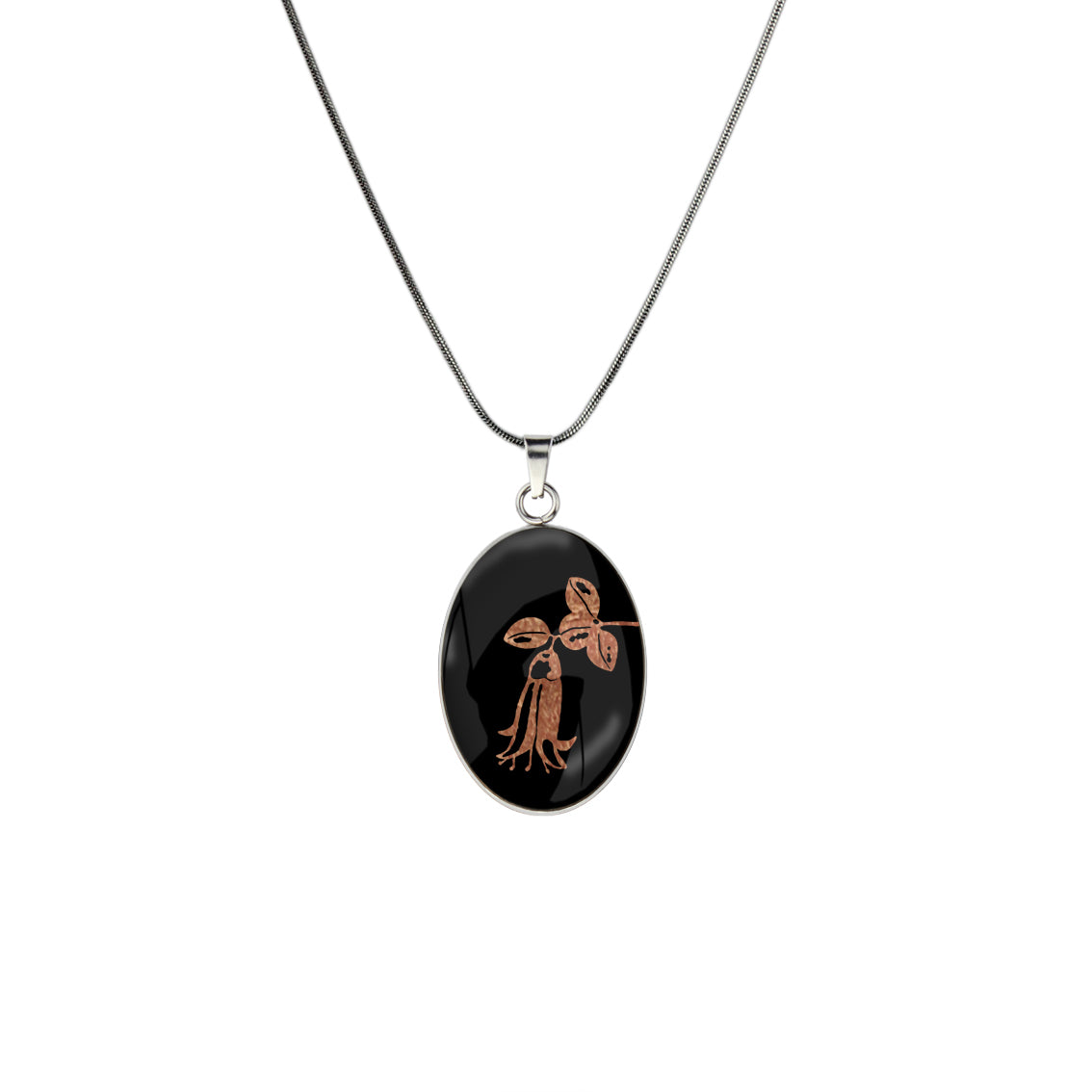 AUSTRALIAN NATIVE FLORA - CANBERRA BELLS TELOPEA OVAL CIRCLE PENDANT ON A CHAIN NECKLACE - D862S - on Satchel