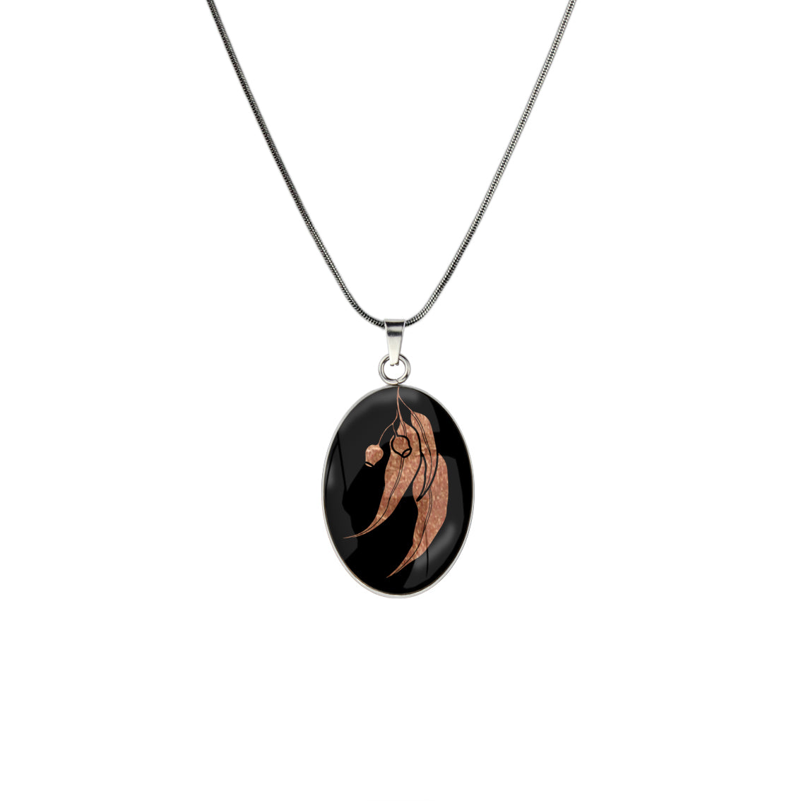 AUSTRALIAN NATIVE FLORA - EUCALYPTUS GUMNUT OVAL CIRCLE PENDANT ON A CHAIN NECKLACE - D866S - on Satchel