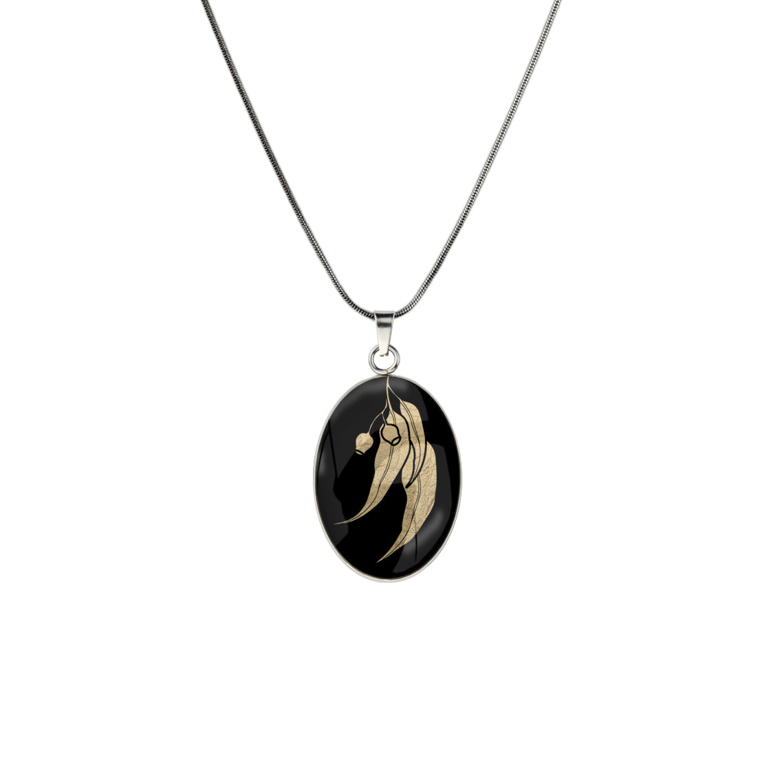 AUSTRALIAN NATIVE FLORA - EUCALYPTUS GUMNUT OVAL CIRCLE PENDANT ON A CHAIN NECKLACE - D866S - on Satchel