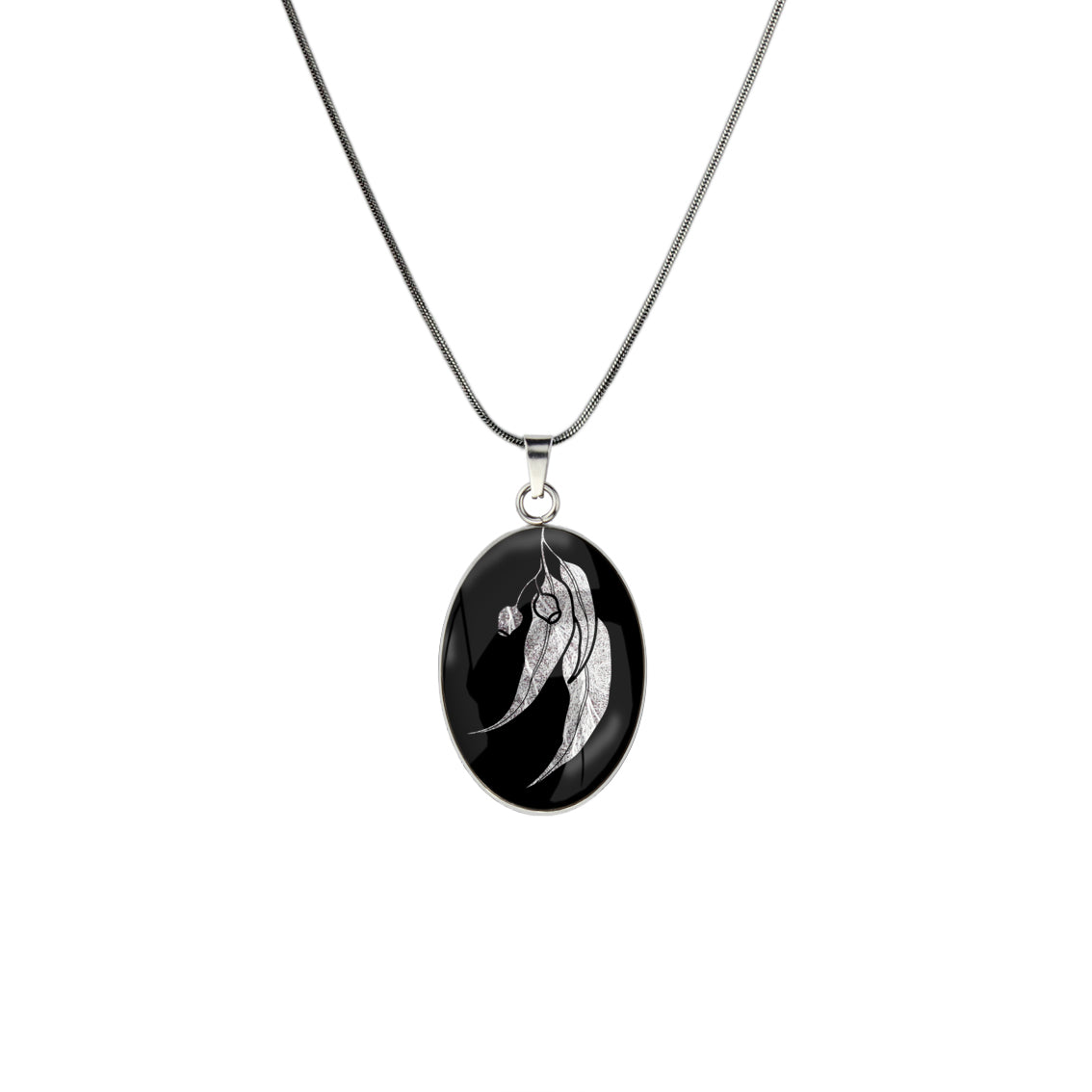 AUSTRALIAN NATIVE FLORA - EUCALYPTUS GUMNUT OVAL CIRCLE PENDANT ON A CHAIN NECKLACE - D866S - on Satchel