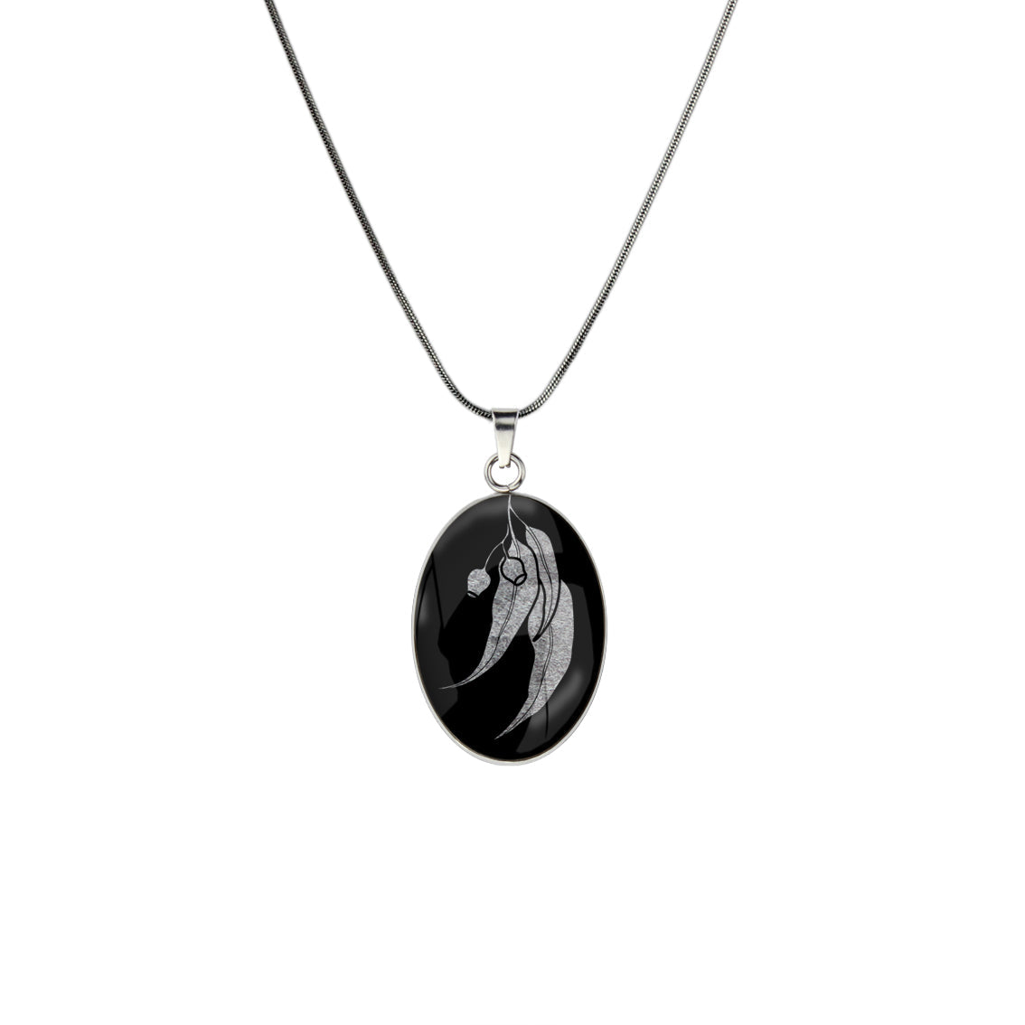 AUSTRALIAN NATIVE FLORA - EUCALYPTUS GUMNUT OVAL CIRCLE PENDANT ON A CHAIN NECKLACE - D866S - on Satchel