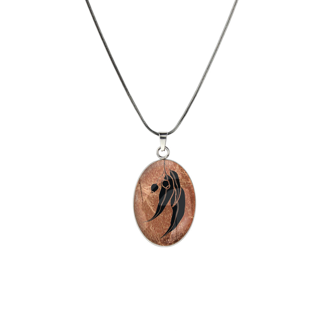AUSTRALIAN NATIVE FLORA - EUCALYPTUS GUMNUT OVAL CIRCLE PENDANT ON A CHAIN NECKLACE - D866S - on Satchel