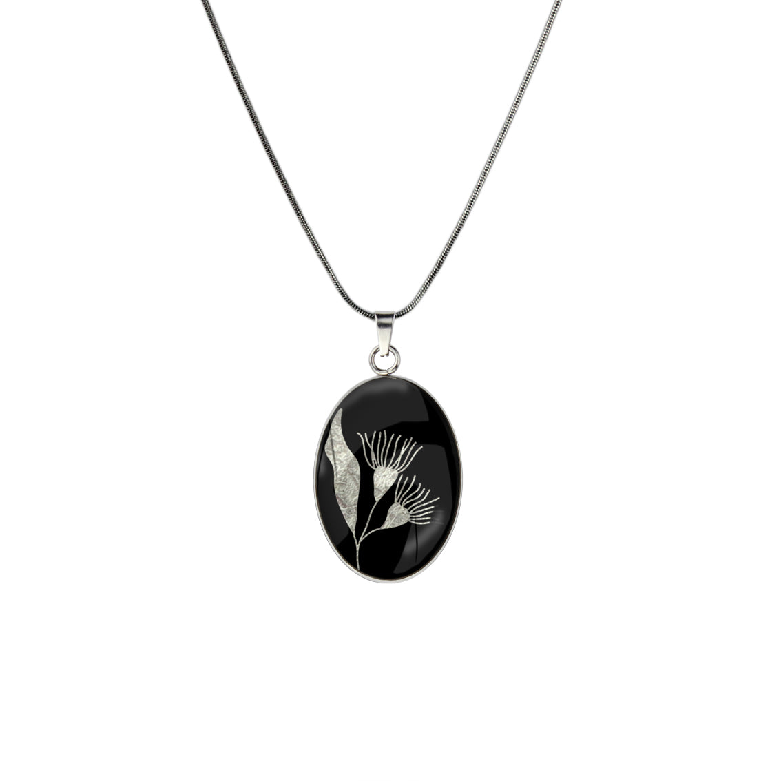 AUSTRALIAN NATIVE FLORA - EUCALYPTUS GUMTREE FLOWER OVAL CIRCLE PENDANT ON A CHAIN NECKLACE - D870S - on Satchel