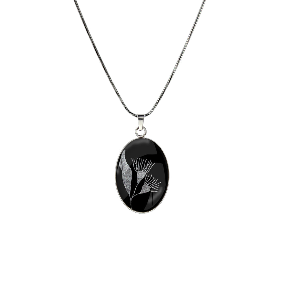 AUSTRALIAN NATIVE FLORA - EUCALYPTUS GUMTREE FLOWER OVAL CIRCLE PENDANT ON A CHAIN NECKLACE - D870S - on Satchel