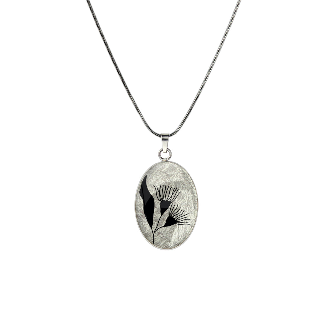 AUSTRALIAN NATIVE FLORA - EUCALYPTUS GUMTREE FLOWER OVAL CIRCLE PENDANT ON A CHAIN NECKLACE - D870S - on Satchel