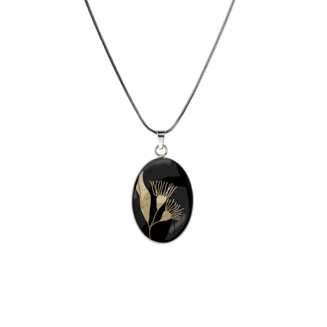 AUSTRALIAN NATIVE FLORA - EUCALYPTUS GUMTREE FLOWER OVAL CIRCLE PENDANT ON A CHAIN NECKLACE - D870S - on Satchel