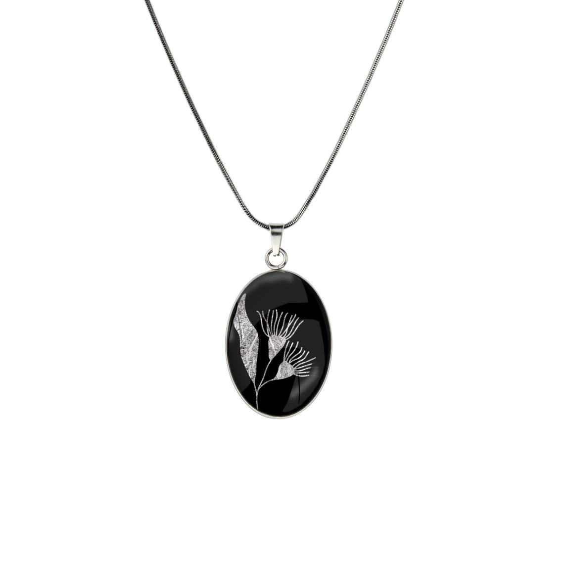 AUSTRALIAN NATIVE FLORA - EUCALYPTUS GUMTREE FLOWER OVAL CIRCLE PENDANT ON A CHAIN NECKLACE - D870S - on Satchel