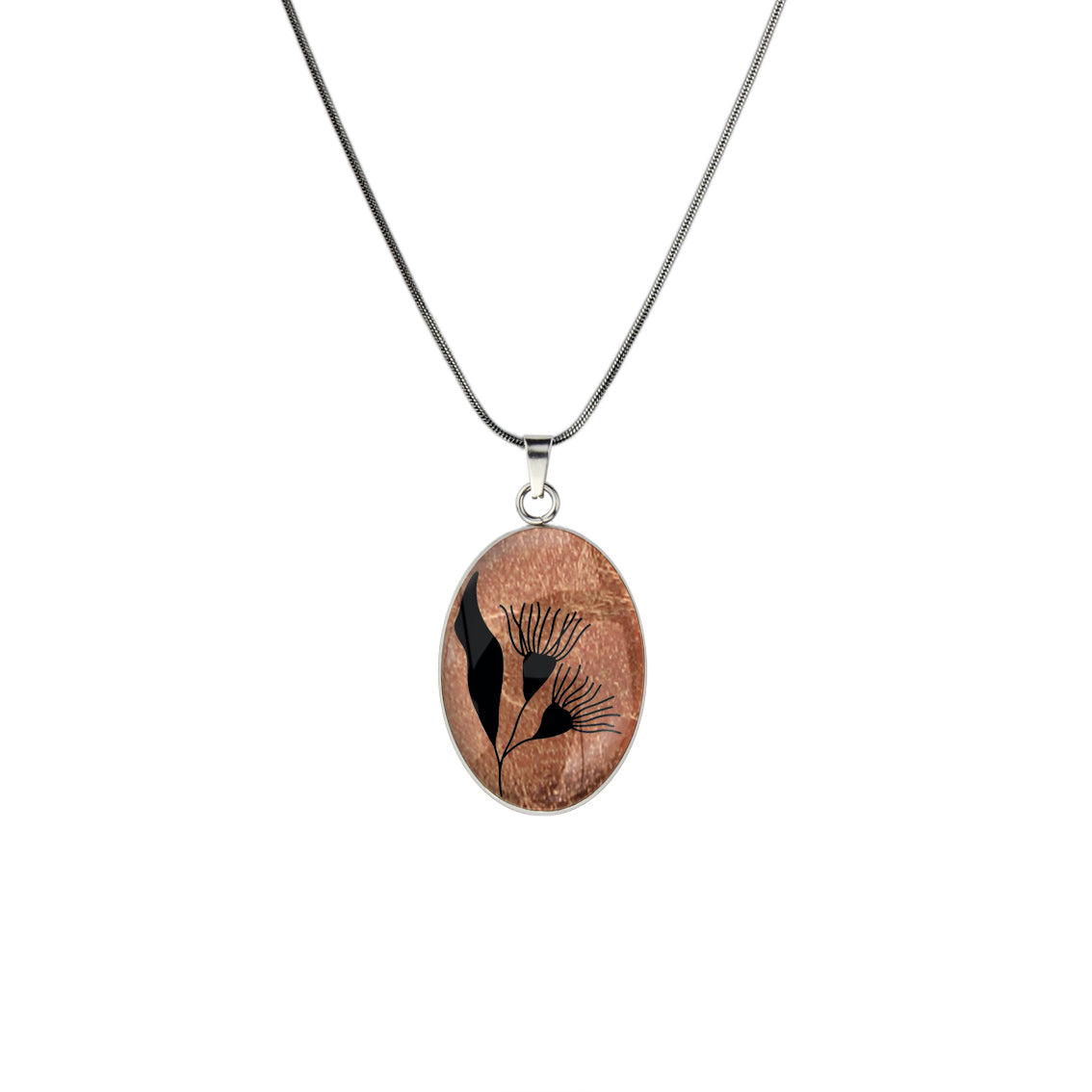 AUSTRALIAN NATIVE FLORA - EUCALYPTUS GUMTREE FLOWER OVAL CIRCLE PENDANT ON A CHAIN NECKLACE - D870S - on Satchel