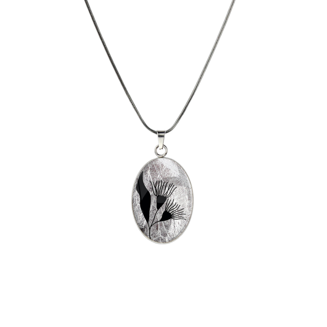 AUSTRALIAN NATIVE FLORA - EUCALYPTUS GUMTREE FLOWER OVAL CIRCLE PENDANT ON A CHAIN NECKLACE - D870S - on Satchel