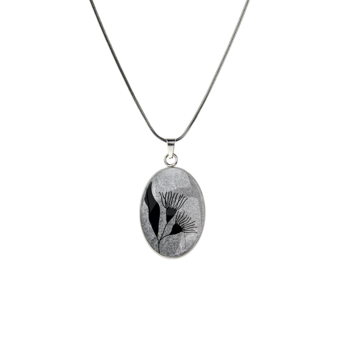 AUSTRALIAN NATIVE FLORA - EUCALYPTUS GUMTREE FLOWER OVAL CIRCLE PENDANT ON A CHAIN NECKLACE - D870S - on Satchel