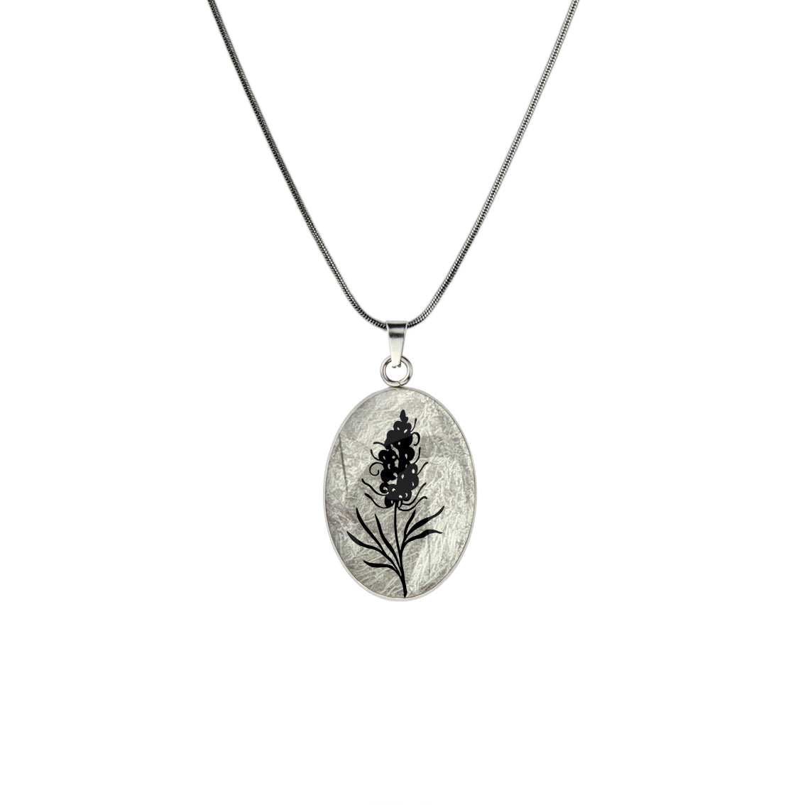 AUSTRALIAN NATIVE FLORA - GREVILLEA SPIDER FLOWER OVAL CIRCLE PENDANT ON A CHAIN NECKLACE - D878S - on Satchel