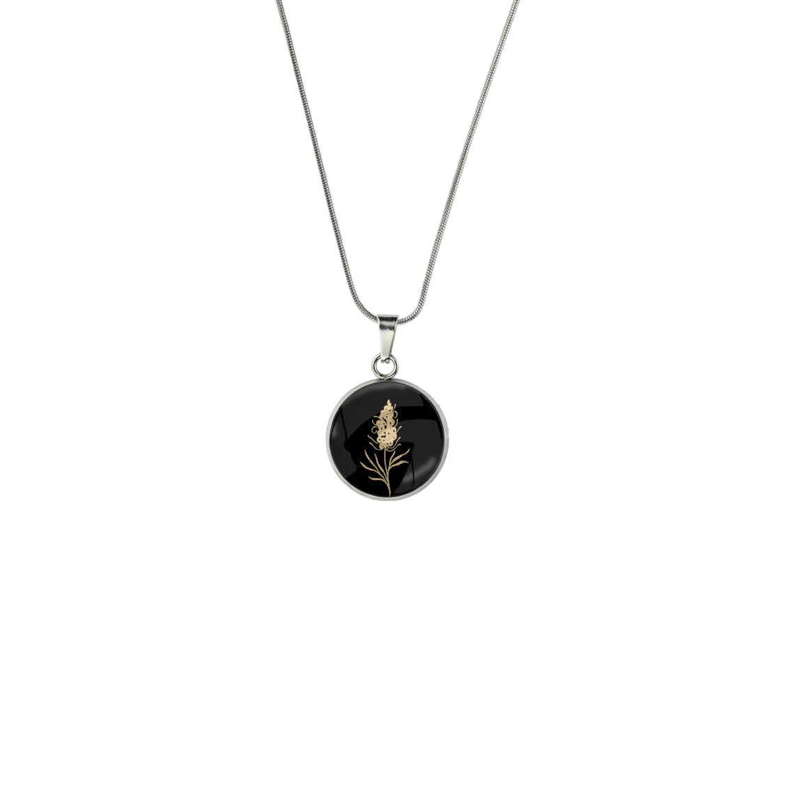 AUSTRALIAN NATIVE FLORA - GREVILLEA SPIDER FLOWER XS CIRCLE PENDANT ON A CHAIN NECKLACE - D877S - on Satchel