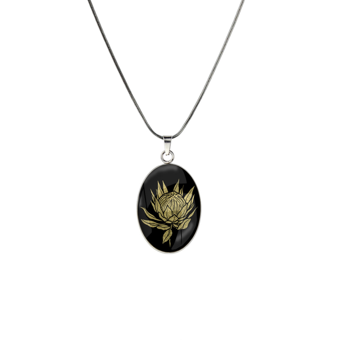 AUSTRALIAN NATIVE FLORA - PROTEA SUGARBUSH OVAL CIRCLE PENDANT ON A CHAIN NECKLACE - D926 - in Circle Box