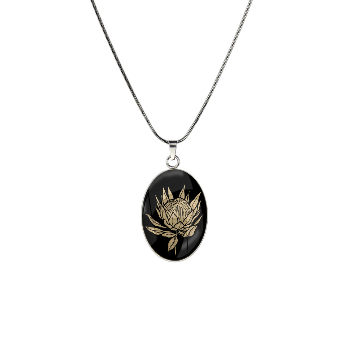 AUSTRALIAN NATIVE FLORA - PROTEA SUGARBUSH OVAL CIRCLE PENDANT ON A CHAIN NECKLACE - D926S - on Satchel