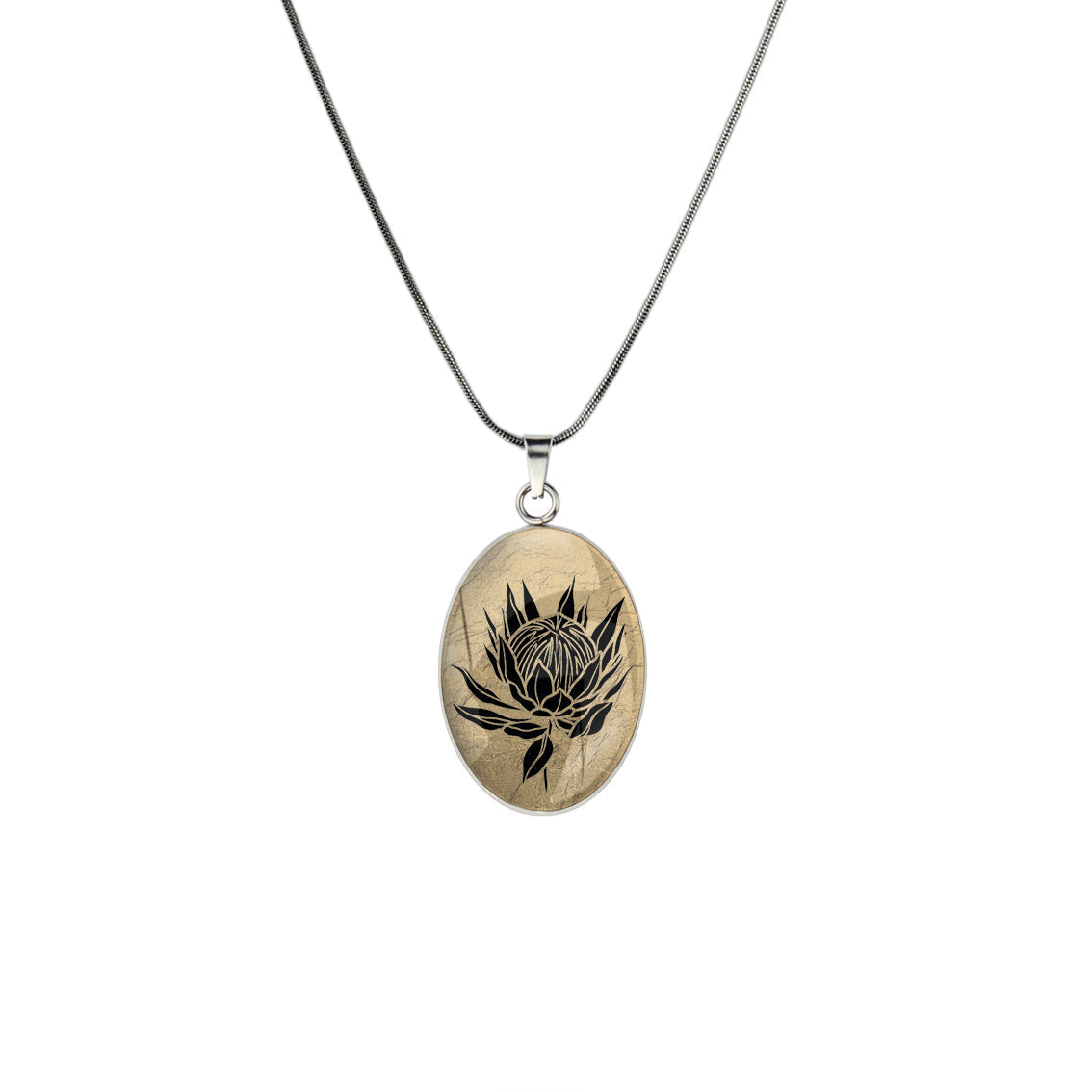 AUSTRALIAN NATIVE FLORA - PROTEA SUGARBUSH OVAL CIRCLE PENDANT ON A CHAIN NECKLACE - D926S - on Satchel