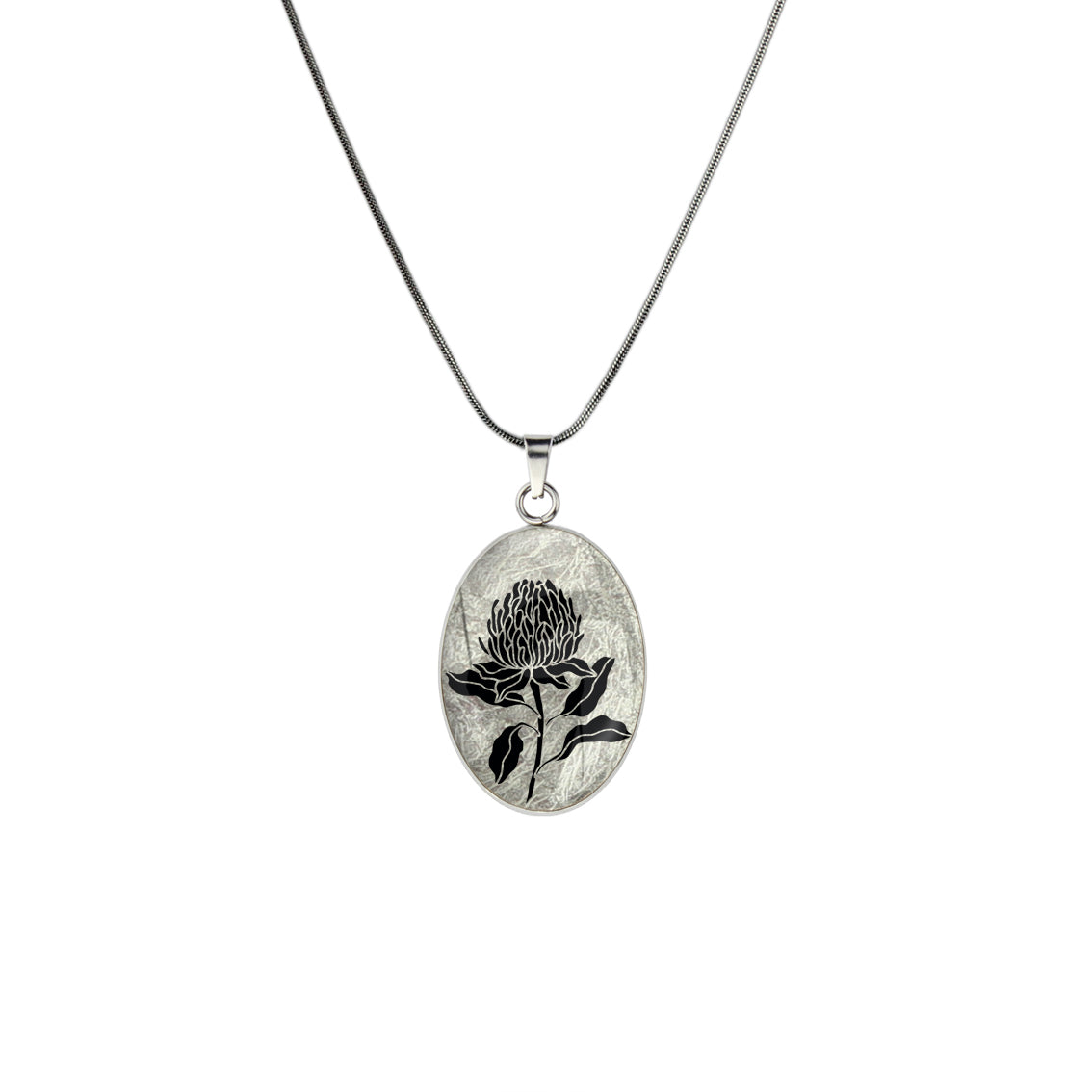 AUSTRALIAN NATIVE FLORA - WARATAH TELOPEA OVAL CIRCLE PENDANT ON A CHAIN NECKLACE - D934S - on Satchel