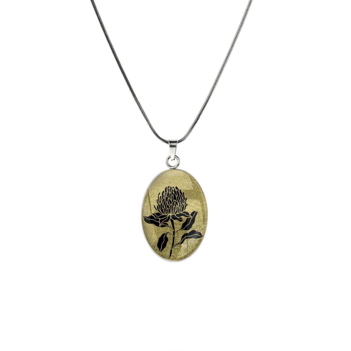 AUSTRALIAN NATIVE FLORA - WARATAH TELOPEA OVAL CIRCLE PENDANT ON A CHAIN NECKLACE - D934S - on Satchel