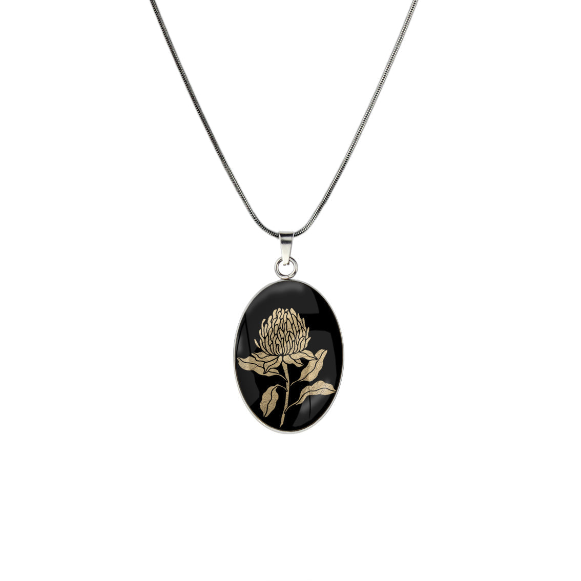 AUSTRALIAN NATIVE FLORA - WARATAH TELOPEA OVAL CIRCLE PENDANT ON A CHAIN NECKLACE - D934S - on Satchel