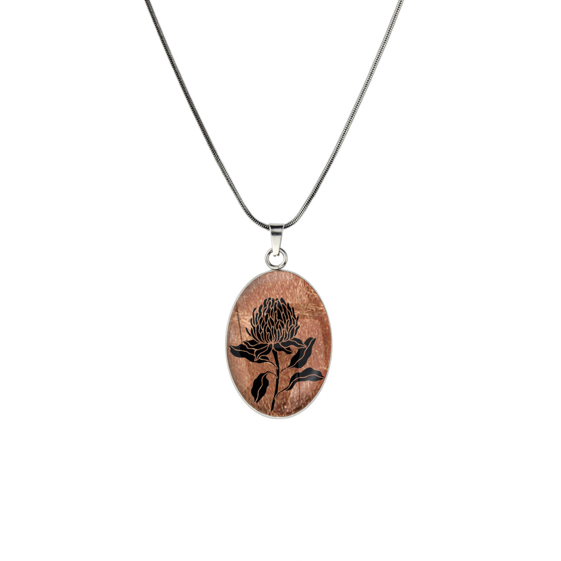 AUSTRALIAN NATIVE FLORA - WARATAH TELOPEA OVAL CIRCLE PENDANT ON A CHAIN NECKLACE - D934S - on Satchel