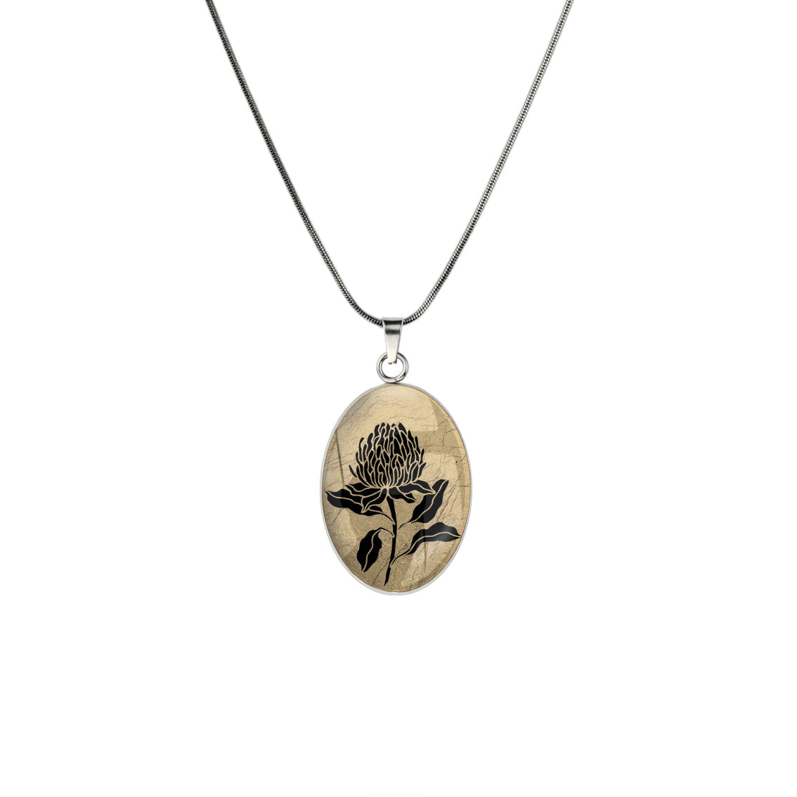 AUSTRALIAN NATIVE FLORA - WARATAH TELOPEA OVAL CIRCLE PENDANT ON A CHAIN NECKLACE - D934S - on Satchel