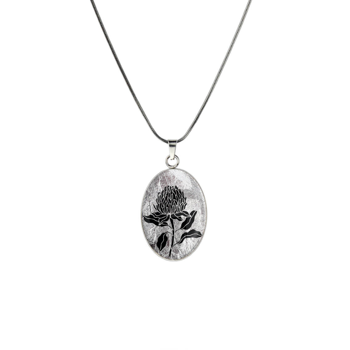 AUSTRALIAN NATIVE FLORA - WARATAH TELOPEA OVAL CIRCLE PENDANT ON A CHAIN NECKLACE - D934S - on Satchel