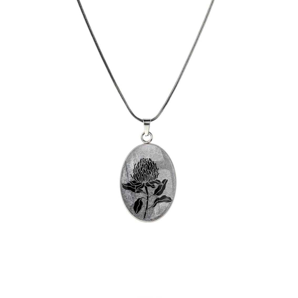 AUSTRALIAN NATIVE FLORA - WARATAH TELOPEA OVAL CIRCLE PENDANT ON A CHAIN NECKLACE - D934S - on Satchel