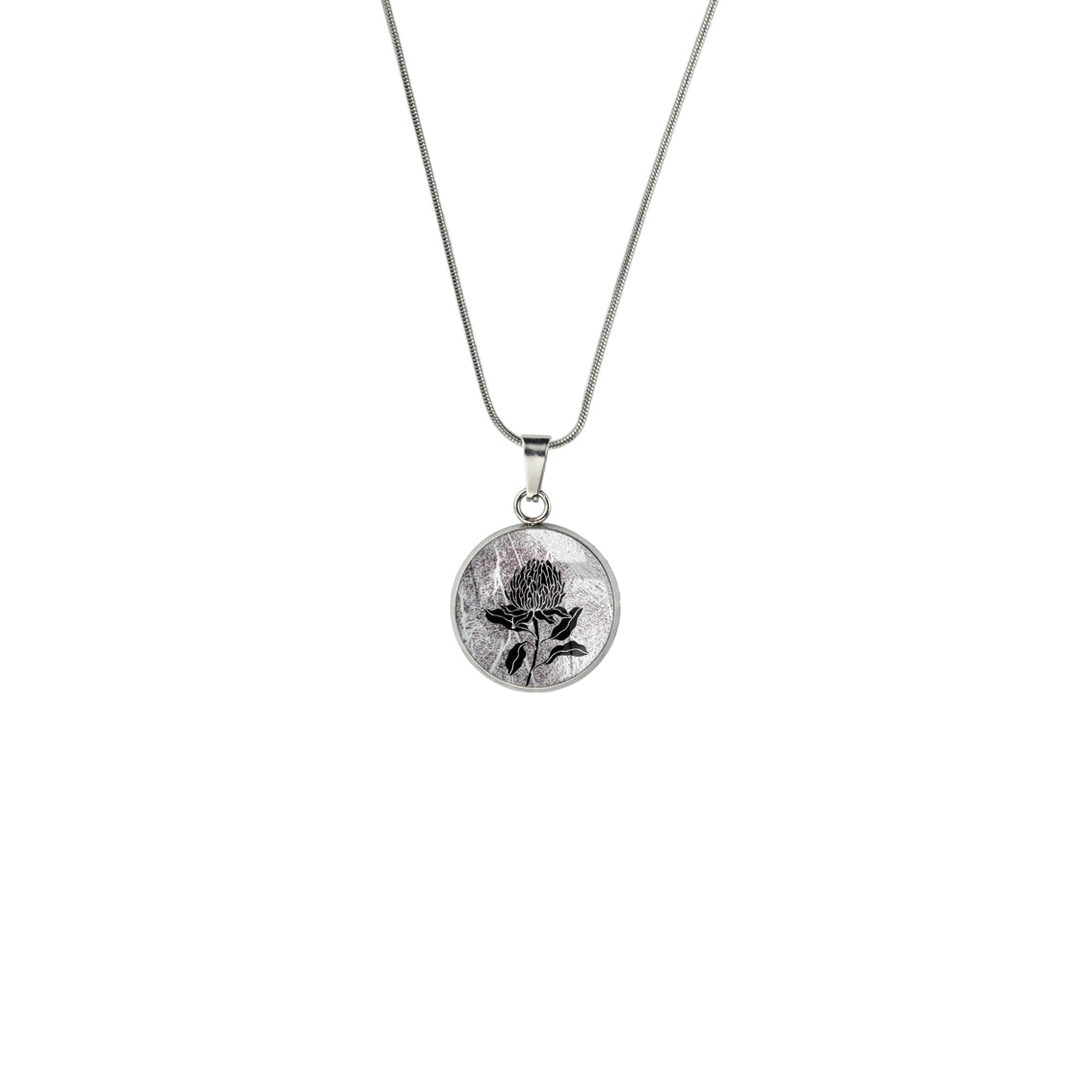 AUSTRALIAN NATIVE FLORA - WARATAH TELOPEA XS CIRCLE PENDANT ON A CHAIN NECKLACE - D933 - in Circle Box