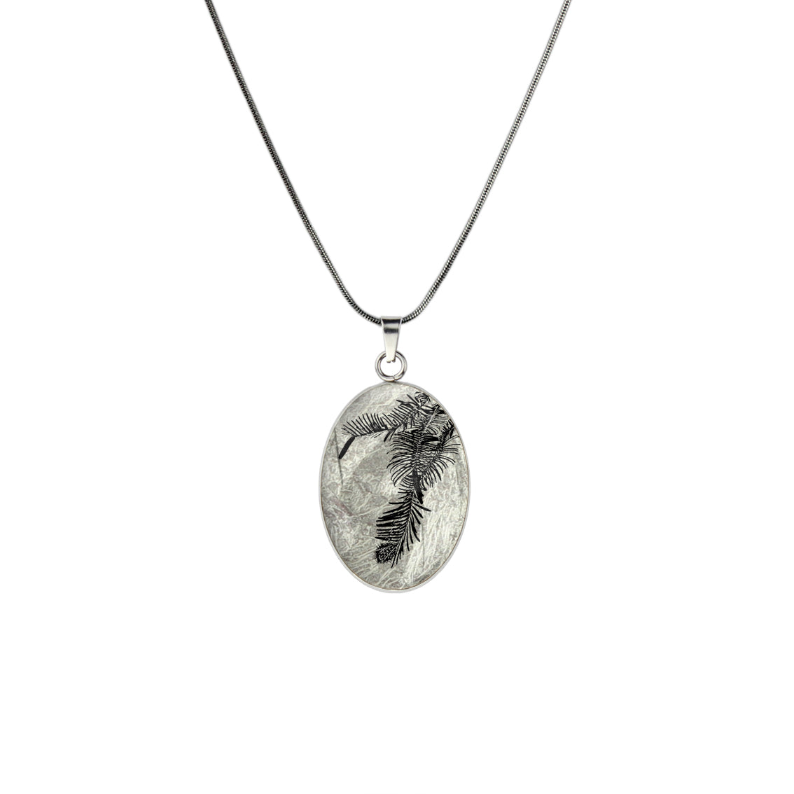 AUSTRALIAN NATIVE FLORA - WOLLEMI PINE OVAL CIRCLE PENDANT ON A CHAIN NECKLACE - D938S - on Satchel
