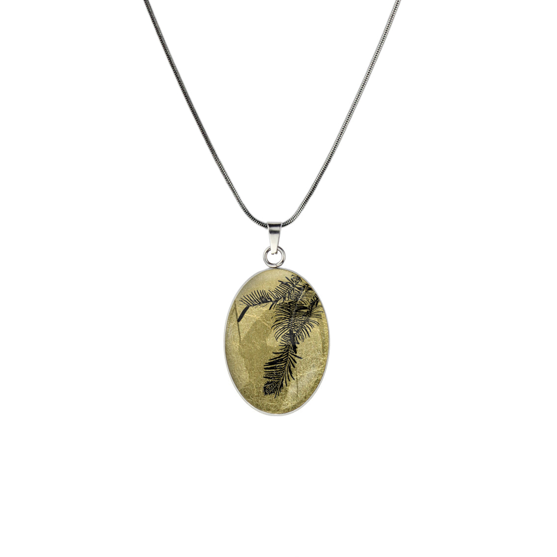 AUSTRALIAN NATIVE FLORA - WOLLEMI PINE OVAL CIRCLE PENDANT ON A CHAIN NECKLACE - D938S - on Satchel